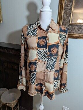 Vintage 80s/90s Womens Medium Silk Equestrian Horse Print Button Up Blouse Brown